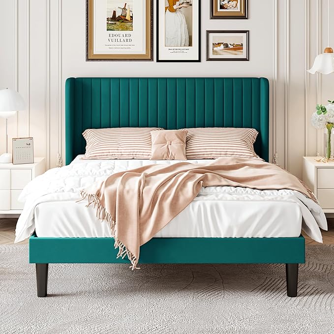 SHA CERLIN Full Size Velvet Bed Frame with Vertical Channel Tufted Wingback Headboard Upholstered Platform Bed with Wood Slats No Box Spring Needed Easy Assembly Teal