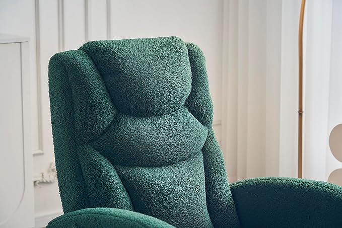 Rocking Chair with Foot Rest Nursery Glider Teddy Gliding Rocking Chair with Retractable Footrest Rubber Wood Legs Side Pocket High Back &amp Wide Seat Nursing Chair for Living Room (Green)