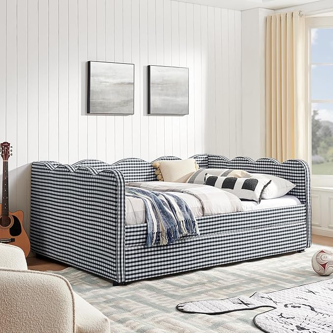 Cozy Gingham Daybed with Trundle Twin Size Sofa Bed No Box Spring Needed with USB Port and Adorable Wave Shaped Linen Fabric Navy (Full+Navy)