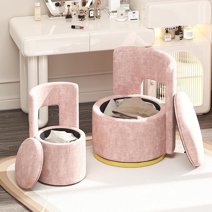 360° Round Swivel Chair with Storage Under Seat Comfy Chair for Living Room Bedroom Reading Room (Pink)