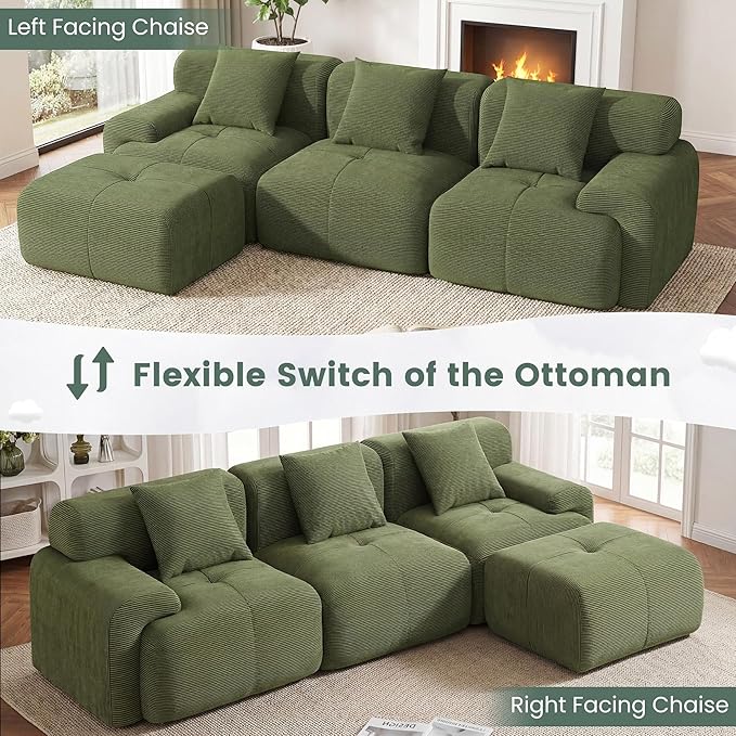 104 Boneless Couch with Ottoman Upholstered Flexible Modular Sectional Sofa Cloud Couch with Deep Seat &amp Pillows for Small Spaces Boneless Couches for Living Room No Assembly Required Green
