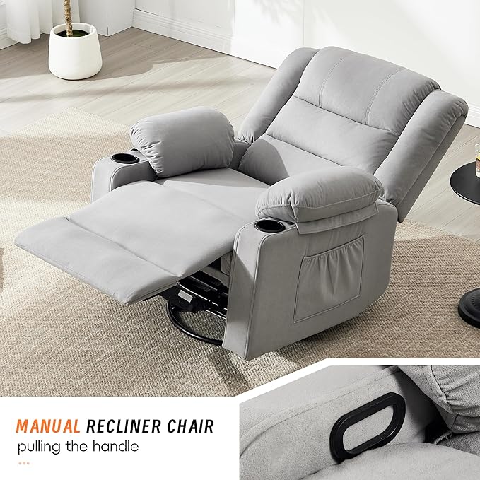 360°Swivel Rocker Recliner Chair for AdultsManual Glider Recliner Sofa with Massage and Heating Nursery Rocking Chairs with Cup Holds for Living Room Bedroom (Light Grey)