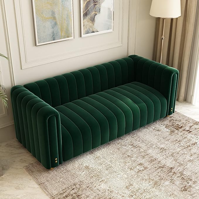 Emerald Green Velvet Couch 80 Inch Wide Mid-Century Modern Tufted Upholstered Sofa with Golden Leg 3 Seat Big Comfy Couch for Living Room