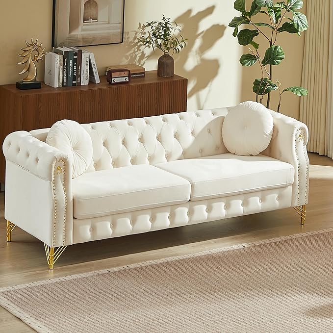 ERYE 82-Inch Button Tufted Sofa Couch with 2 Round Pillows 3 Seat Velvet Tufted Sofa Spacious Chesterfield Loveseat Couches W/Nailhead DecorRing Accent &amp Golden Legs