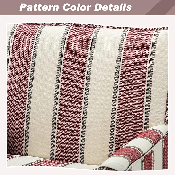 HULALA HOME Modern Accent Chairs Set of 2 Farmhouse High Back Striped Chairs with Wooden Legs &amp Nail Head Trim Comfy Upholstered Armchairs for Living Room/Bedroom (Stripe Red)