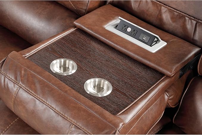 Roundhill Furniture Achern Leather Air Nail head Manual Reclining Sofa with Storage Console Brown