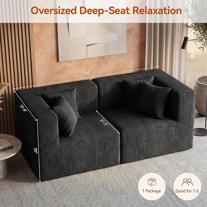 75 Loveseat Sofa Comfy Chenille Cloud Couch with 4 Pillows Modern Deep Seat Boneless Couch 2 Seater Sofa for Living Room Bedroom and Apartment No Assembly Required Black