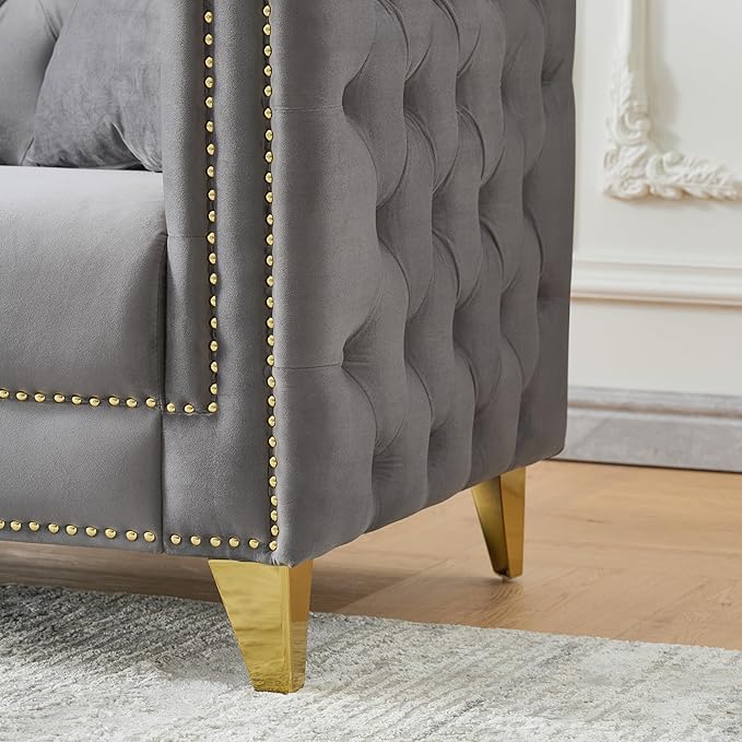 DEINPPA 2 Piece Chesterfield Couch Sets Velvet 3 Seater Sofa Set with Throw Pillows Comfy Couch with Nailhead Trim and Metal Legs for Living Room/Apartment/Office-Grey
