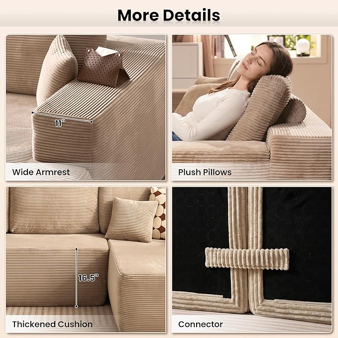 106 Cloud Sectional Couch with Chaise Lounge Deep Seat L Shaped Modern Modular Sleeper Sofa No Assembly Required Boneless Couches for Living Room (RightStripe CorduroyCamel)