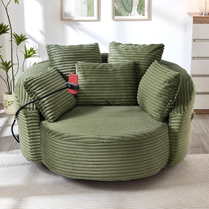 360° Swivel Accent Chair with 5 Throw Pillows Adjustable Phone Holder Corduroy Fabric Round Sofa Chair Barrel Chair with Semi-Wraparound Design for Living Room Office and Hotel (Green1)