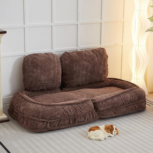 Lazy Sofa Couch 5 Adjustable Position Floor Sofa Fits with 2 Pillows Folding Tatami Lazy Bed Suit to Put in Bedroom Living Room (Brown)