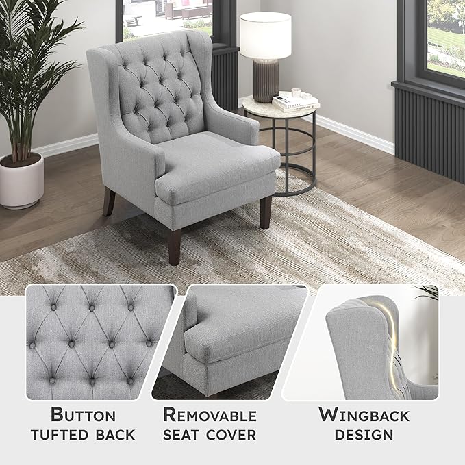 Lexicon Living Room Accent Chair Textured Fabric Upholstered Reading Chair Button-Tufted High Wingback for Living Room/Bedroom/Office Gray