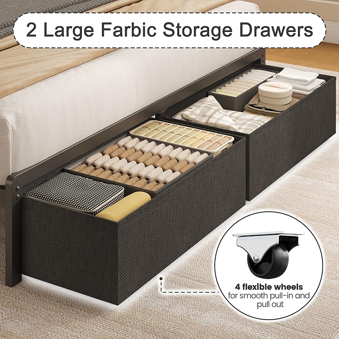 Queen Bed Frame with 2 Drawers Upholstered Headboard with Storage and Charging Station LED Lights Fabric Drawers with Wheels Under Bed Storage No Box Spring Needed Easy Assembly Grey