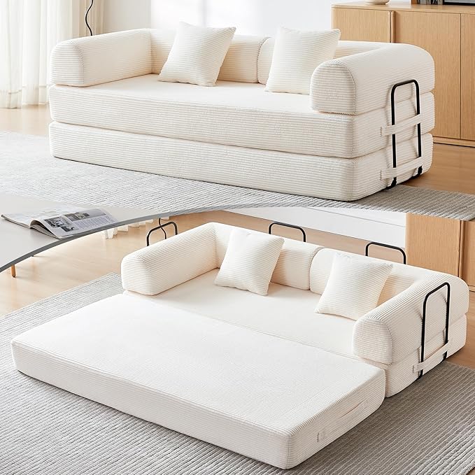 Convertible Folding Mattress Couch 5-in-1 Futon Sofa with Armrests Sleeper Mattress Sofa Bed Comfy Fold Out Bed for Living Room Bedroom LoungeGuest Office (Beige White)