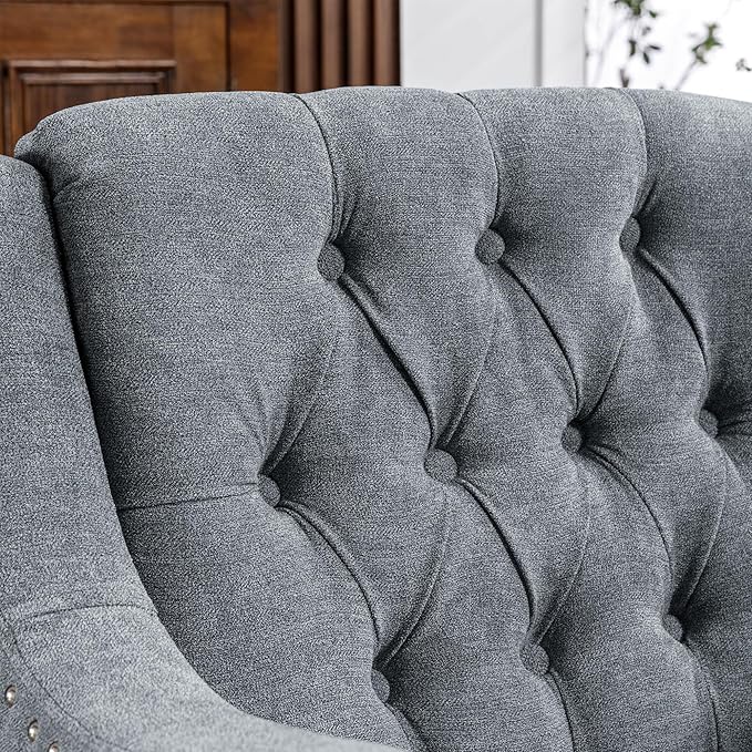 Grey Accent Chair Living Room Chair Footrest Chair Set with Vintage Brass Studs Button Tufted Upholstered Armchair for Living Room Comfy Reading Chair for Bedroom Reception Room