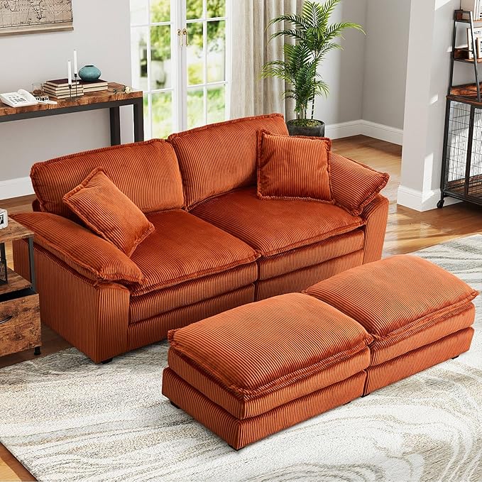 80.5'' Modular Sectional Sofa Cloud Couch for Living Room Modern Corduroy Double Layer Upholstered Loveseat Sofa Comfy Sleeper Sofa with Ottoman 2 Pillows and Detachable Armrest Orange