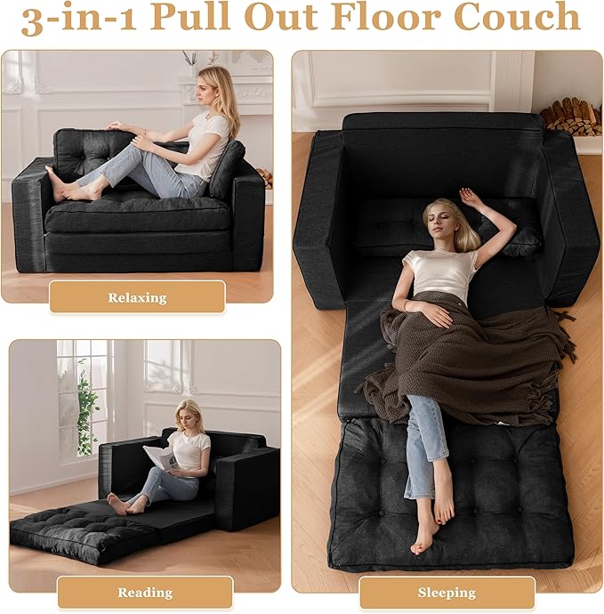 YOSHOOT Loveseat Sleeper Sofa55 Convertible Sofa Bed Couch Futon Couches for Living Room3-in-1 Pull Out Floor Couch with Backrest and Pillows Black