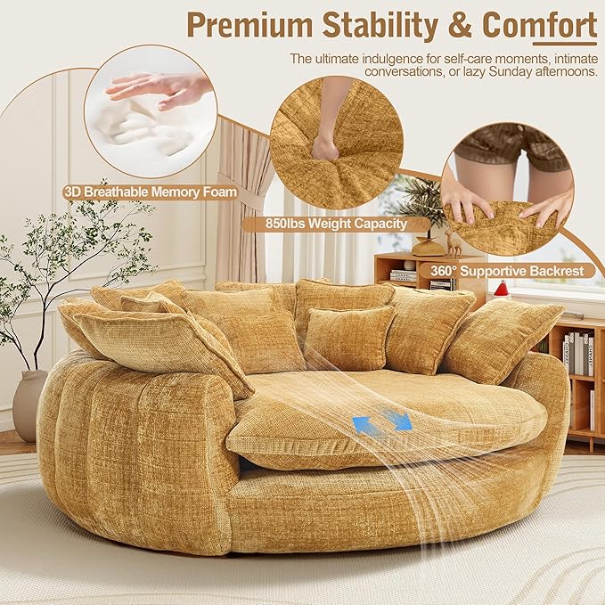 81 Oversized Boneless Round Chaise Lounge Bean Bag Chair Comfy Chenille Reading Chair Fluffy Plush Sofa Bed Large Deep Seat Circle Cloud Couch for Living Room/Apartment/Bedroom Yellow
