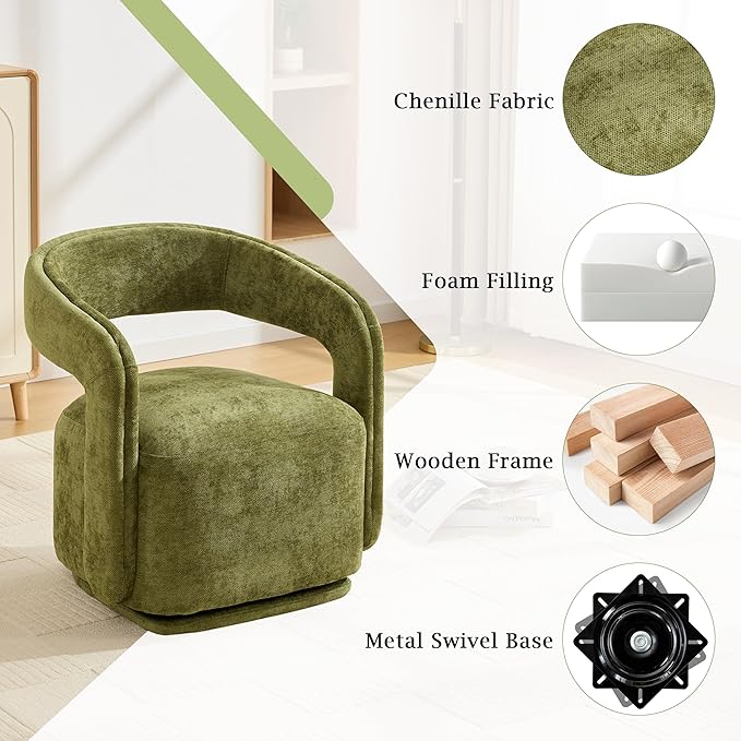 KEIKI Swivel Accent Chair Modern Barrel Chair for Lounge/Balcony 360° Rotation Ergonomic Design Easy Assembly Comfy Chenille Fabric