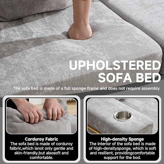 Convertible Sleeper Sofa Bed – 77'' 3-Seater Futon Couch with Corduroy Upholstery Pull-Out Floor Bed High-Density Foam No Assembly Perfect for Living Room Bedroom Apartment Studio (Beige)