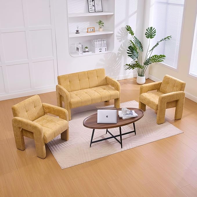47'' Modern Loveseat Comfortable Small Couch for Two with Chenille Fabric Minimalist Accent Chair for Bedroom Office Entryway Dorm (Mustard Yellow)