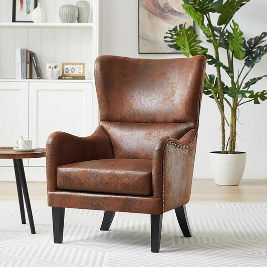 Christopher Knight Home Elber Mid-Century Modern Wingback Accent Chair Faux Suede Upholstered Club Chair with Cushion Wooden Living Room Lounge Chair for Reading Relaxation Brown