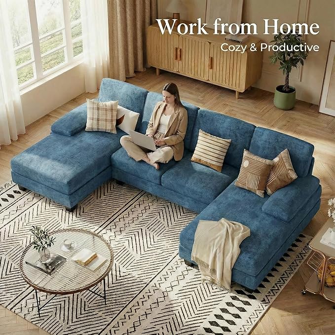 Homall Modular Sectional U Shaped Sofa Couches for Living Room Comfy Chenille 4 Seat Sofa Set with Removable Pillows Lounge Chaise Upholstered Couch for Apartment (Chenille Light Blue)