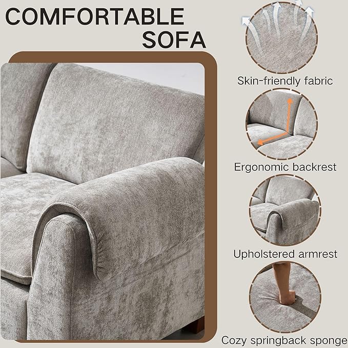 69 Inch Loveseat Sofa 2 Seater Small Sectional Couch Cozy Cloud Chenille Fabric Modular Sectional Love Seat Sofa Couch for Living Room/Apartment Grey