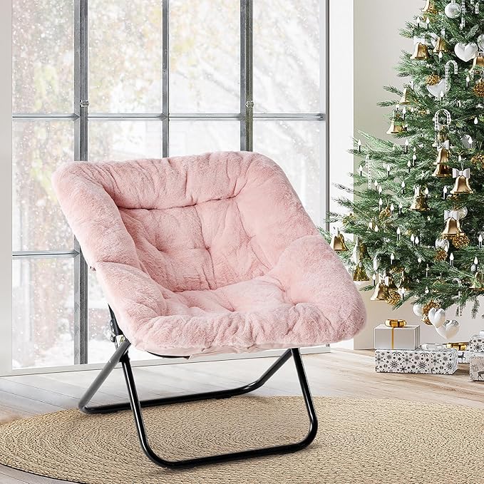 Simple Deluxe Oversized Square Moon Chair for Adults Soft Faux Fur Folding Lounge Chair with Sturdy Steel Frame Comfortable Reading Gaming Chair for Living Room Bedroom Pink