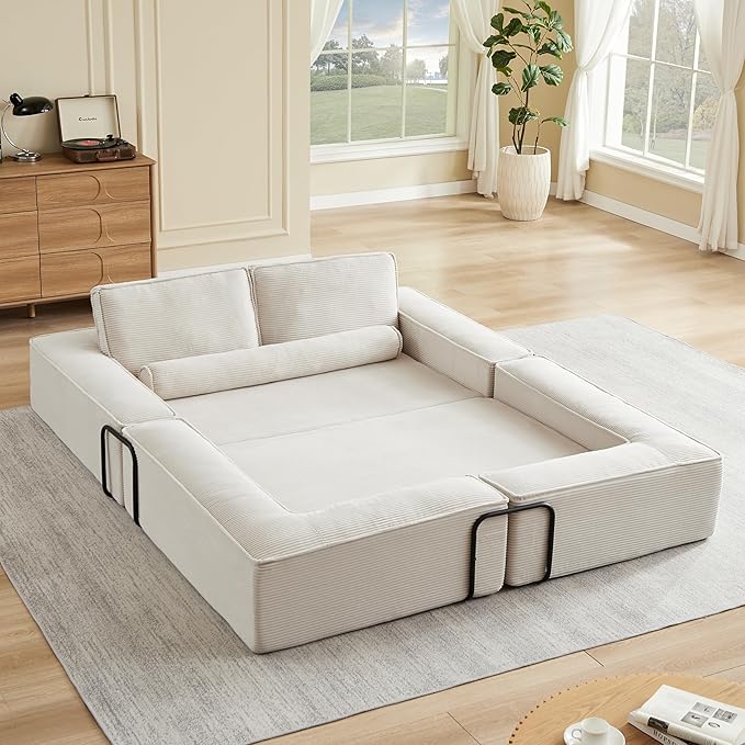KEIKI 80 Convertible Couch Corduroy Modular Floor Sofa Bed Folding Lounge Sofa with High Density Foam Deep Seat Floor Couch for Living Room Khaki