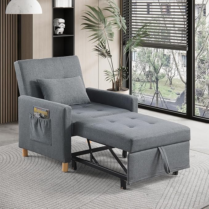 Sleeper Chair Bed Convertible Chair Bed Sleeper Pull Out Sofa Beds with Adjustable Backrest Modern Linen Fabric Convertible Chair to Bed for BedroomLiving Room Apartment-Dark Grey