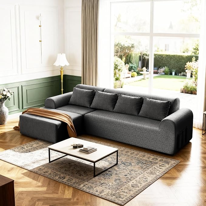 Rengue 105.5 Cloud Boneless Sectional Sofa for Living Room 4-Seater L-Shaped Comfy Couch with Ottoman 4 Pillows Deep Seat Chenille Sofa No Assembly Required (Dark Grey) 72h to Restore