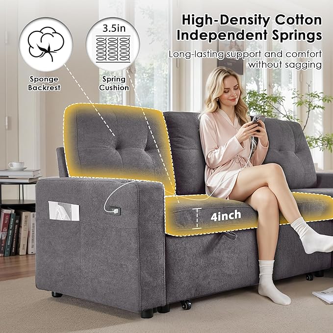Reversible Sectional Sofa Couch Sleeper Sofa Bed with Storage Chaise Pull Out Couch for Living Room | USB Charge | Cup Holder | Removable Backrest |Teddy Fabric (LightGrey)