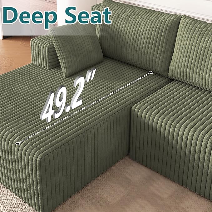 124 U-Shape Cloud Couch Modern Modular Sectional U-Shape Sofa Corduroy Boneless Couch Upholstered Couches Deep Seat Sleeper Chaise Longue for Living Room No Assembly RequiredGreen