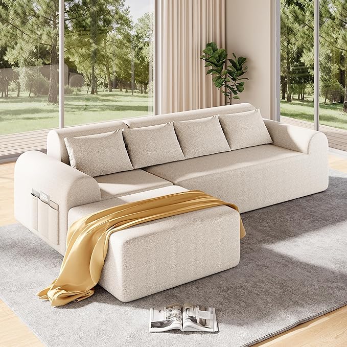 105.5” Cloud Boneless Sectional Sofa for Living Room L-Shaped 4-Seater Modular Couch with Ottoman &amp 4 Pillows Deep Seat Chenille Fabric Sofa No Assembly 72H Full Restore Beige