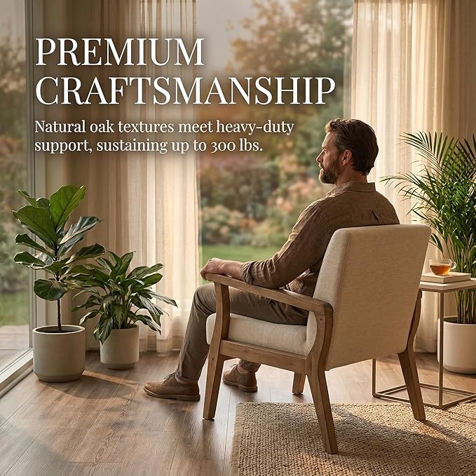 VESCASA 23.2 W Accent Chair with Arms Comfy Farmhouse Side Chair with Upholstered Seat Mid Century Modern Reading Chair with White Wash Wood Legs for Living Room/Bedroom White Linen