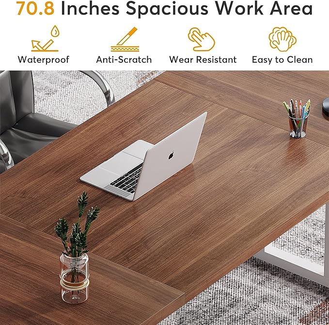 70.8 Inches Executive Desk Large Computer Desk Long Farmhouse Workstation Simple Desk with K Shaped Metal Legs for Home Office Brown/White