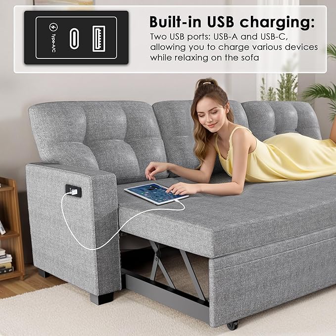 Reversible Sectional Sofa Couch Sleeper Sofa Bed with Storage Chaise Pull Out Couch for Living Room | Hidden Stroge | Pull Out Bed | Removable Backrest | Linen Fabric DeepGrey (LightGrey)