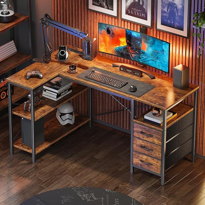 Huuger L Shaped Office Desk with Power Outlets 47 Inch Computer Desk with 3 Drawers Shelves for Gaming Corner Work Home Office Study Rustic Brown