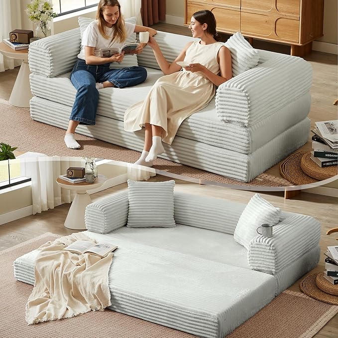 Boneless Couch Versatile Couches for Living Room No-Install Sofa Bed Corduroy Futon Soft Cloud Couch with Pillows for Bedroom Game Movie