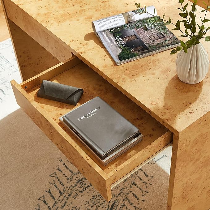 Modway Hudson Burl Wood Desk with Drawers in Natural - Modern Writing Desk - Narrow Home Office Desk - Vanity Table Without Mirror