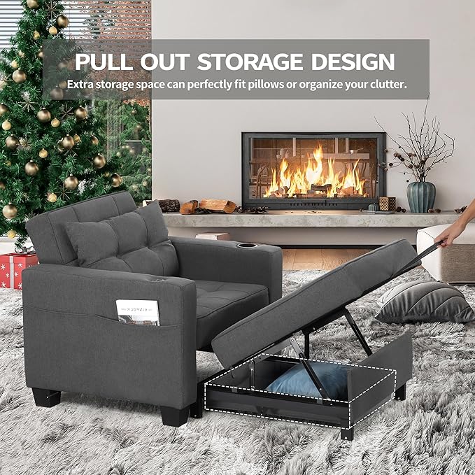 DURASPACE 36.6 Futon Chair Bed Convertible Chair 3-in-1 Pull Out Sleeper Reading Chair Beds with USB Armchair Sleeper Bed for Living Room Dorm Small Space (Dark Gray Linen)