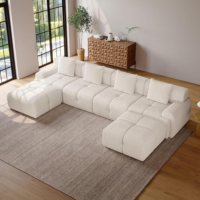 135 Modern L Shaped Modular Sectional Sofa 6 Seater Convertible Chenille Cloud Couch Sofa Set Boneless Couches for Living Room with Ottoman No Assembly Required White