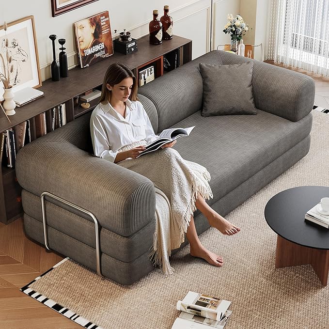 Convertible Sleeper Sofa Bed with Cylindrical Pillow 79 Inch Oversized Corduroy Upholstered Boneless CouchLove Seat Floor Sofas Living RoomSmall Space ApartmentOffice (Grey)