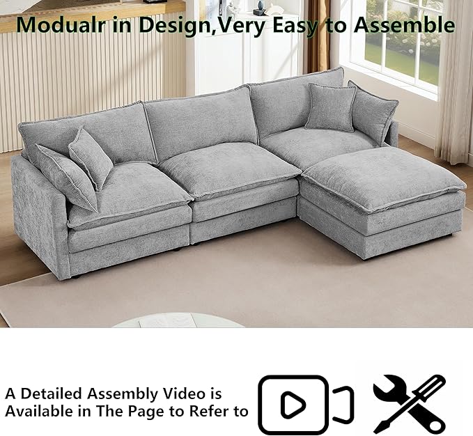 102 L-Shaped Sofa for Living RoomModular Sectional Cloud Sofa Couch with OttomanModern Chenille 3 Seater Sofas with Deep SeatSmall L Shaped Couches for Bedroom (Grey 102)
