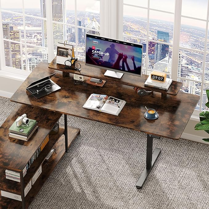 Standing Desk with File Cabinet 63x24'' L Shaped Electric Stand Up Desk with Adjustable Monitor Shelf Adjustable Height 28-46'' for Home and Computer Workstation Rustic Brown