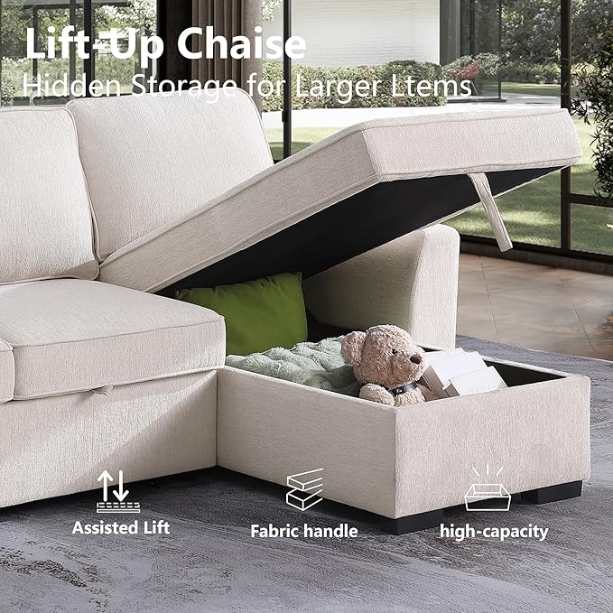 INSTORY Sectional Sleeper Sofa with Pull-Out Bed Drop-Down Table USB &ampType-C Port Cup Holders Beige
