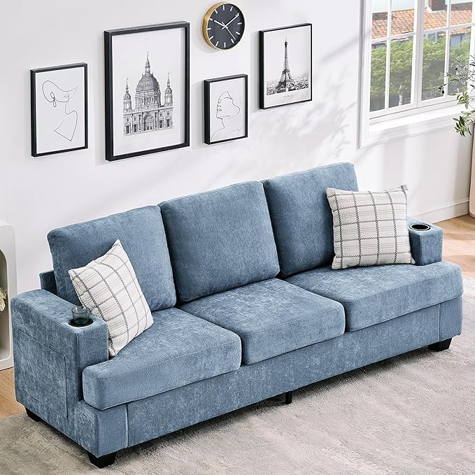 Garvee 89 Modern Sofa for Living Room 3-Seater Comfy Couches with Deep Seat Chenille Couch with Cup Holders and Side Storage Pockets for Apartment Lounge Blue