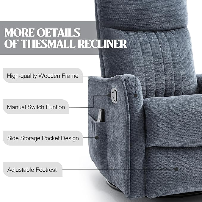 PELUMY 360 Swivel Rocking Recliner Chair for Adults Nursery Rocking Chair with Heat and Massage Glider Reclining Chair for Small Space Living Room Bedroom (Chenille Blue Grey)