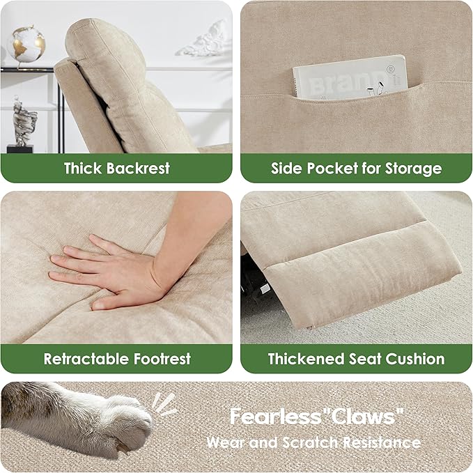 Oversized Swivel Rocking Chair Ergonomic Recliner Chair with Phone Holder Lazy Boy Fabric Sofa Chair with Lumbar Support Manual Glider Chair for Living Room RV Beige